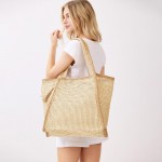Wholesale two Woven Straw Tote Bag Tassel Snap Closure Lined Body Open Pocket W
