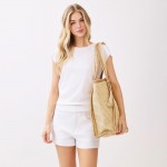 Wholesale two Woven Straw Tote Bag Tassel Snap Closure Lined Body Open Pocket W