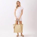 Wholesale two Woven Straw Tote Bag Tassel Snap Closure Lined Body Open Pocket W
