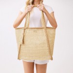 Wholesale two Woven Straw Tote Bag Tassel Snap Closure Lined Body Open Pocket W