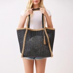 Wholesale two Woven Straw Tote Bag Tassel Snap Closure Lined Body Open Pocket W