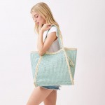 Wholesale two Woven Straw Tote Bag Tassel Snap Closure Lined Body Open Pocket W