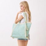 Wholesale two Woven Straw Tote Bag Tassel Snap Closure Lined Body Open Pocket W