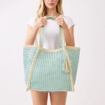 Wholesale two Woven Straw Tote Bag Tassel Snap Closure Lined Body Open Pocket W