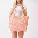 Wholesale two Woven Straw Tote Bag Tassel Snap Closure Lined Body Open Pocket W