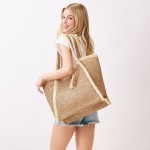 Wholesale two Woven Straw Tote Bag Tassel Snap Closure Lined Body Open Pocket W