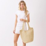 Wholesale round Bottom Woven Straw Tote Bag Snap Closure Lined Body Open Pocket