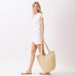 Wholesale round Bottom Woven Straw Tote Bag Snap Closure Lined Body Open Pocket