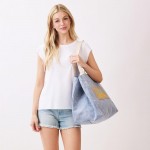 Wholesale shoulder Bucket Canvas Tote Bag Burlap Patch Detail Snap Closure Line