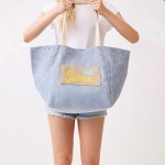 Wholesale shoulder Bucket Canvas Tote Bag Burlap Patch Detail Snap Closure Line