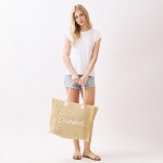 Wholesale woven Straw Gold Lurex Summer Bag Fringe Detail Full Zip Closure Inner