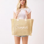 Wholesale woven Straw Gold Lurex Summer Bag Fringe Detail Full Zip Closure Inner