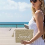 Wholesale woven Straw Gold Lurex Summer Pouch Full Zip Closure Inner Open Pocket