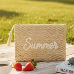 Wholesale woven Straw Gold Lurex Summer Pouch Full Zip Closure Inner Open Pocket