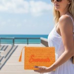 Wholesale woven Straw Gold Lurex Summer Pouch Full Zip Closure Inner Open Pocket