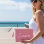 Wholesale woven Straw Gold Lurex Summer Pouch Full Zip Closure Inner Open Pocket