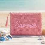 Wholesale woven Straw Gold Lurex Summer Pouch Full Zip Closure Inner Open Pocket