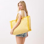Wholesale gingham Terry Cloth Tote Bag Fringe Detail Full Zip Closure Internal P
