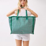 Wholesale gingham Terry Cloth Tote Bag Fringe Detail Full Zip Closure Internal P