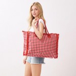 Wholesale gingham Terry Cloth Tote Bag Fringe Detail Full Zip Closure Internal P
