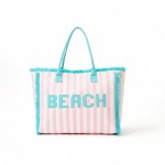 Wholesale bEACH Terry Cloth Striped Tote Bag Frings Detail Full Zip Closure Inn