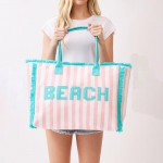 Wholesale bEACH Terry Cloth Striped Tote Bag Frings Detail Full Zip Closure Inn