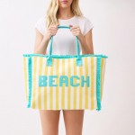 Wholesale bEACH Terry Cloth Striped Tote Bag Frings Detail Full Zip Closure Inn