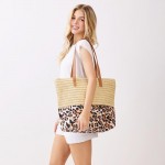 Wholesale straw Leopard Print Tote Bag Full Zip Closure Internal Pocket L T D Po