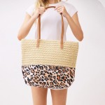 Wholesale straw Leopard Print Tote Bag Full Zip Closure Internal Pocket L T D Po