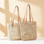 Wholesale straw Tote Bag Lattice Detail Vegan Leather Straps Full Zip Closure Li