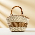 Wholesale two Straw Tote Bag Bamboo Handles Full Zip Closure Lined Body Open Poc