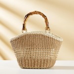 Wholesale two Straw Tote Bag Bamboo Handles Full Zip Closure Lined Body Open Poc