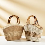 Wholesale two Straw Tote Bag Bamboo Handles Full Zip Closure Lined Body Open Poc