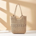 Wholesale straw Tote Bag Eyelet Detail Full Zip Closure Lined Body Open Pocket L
