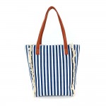 Wholesale stripe Canvas Tote Bag Fringe Detail Vegan Leather Handles Full Zip Cl