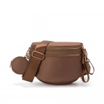 Nylon Cross Body Bag With Canvas Strap 

- 2 Front Zip Pockets, 1 Back Zip Pocket 
- Removable Round Pouch Included 
- Lined Body With Internal Zip Pocket 
- Approximately 11" L X 8" T X 4" D