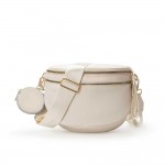 Nylon Cross Body Bag With Canvas Strap 

- 2 Front Zip Pockets, 1 Back Zip Pocket 
- Removable Round Pouch Included 
- Lined Body With Internal Zip Pocket 
- Approximately 11" L X 8" T X 4" D