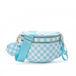 Nylon Cross Body Bag With Canvas Strap 

- 2 Front Zip Pockets, 1 Back Zip Pocket 
- Removable Round Pouch Included 
- Lined Body With Internal Zip Pocket 
- Approximately 11" L X 8" T X 4" D