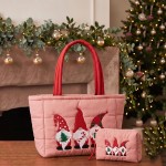 Wholesale quilted puffer bag padded body embroidered gnome trio across front Sol