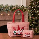 Wholesale quilted puffer bag padded body embroidered gnome trio across front Sol