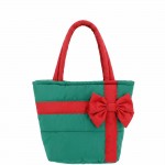 Wholesale quilted puffer bag styled like wrapped present contrast ribbon band ov