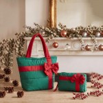 Wholesale quilted puffer bag styled like wrapped present contrast ribbon band ov