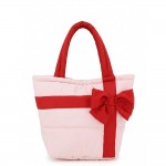 Wholesale quilted puffer bag styled like wrapped present contrast ribbon band ov