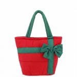 Wholesale quilted puffer bag styled like wrapped present contrast ribbon band ov