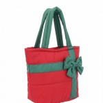 Wholesale quilted puffer bag styled like wrapped present contrast ribbon band ov
