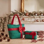 Wholesale quilted puffer bag styled like wrapped present contrast ribbon band ov