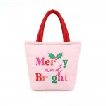 Wholesale quilted puffer bag padded body embroidered holiday greeting across fro