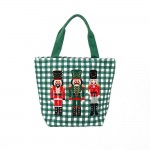 Wholesale gingham canvas tote embroidered nutcracker trio contrast webbing handl