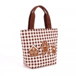 Wholesale gingham canvas tote embroidered gingerbread scene contrast webbing han