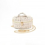 Wholesale tweed vanity box bag gold chain strap top zip closure knotted top hand